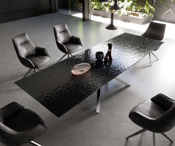 Jídelní stůl Edge reliefové sklo kouřově černé 3D design 200-300x100 křížová podnož obdélníkový nerezový rozkládací - Image 4