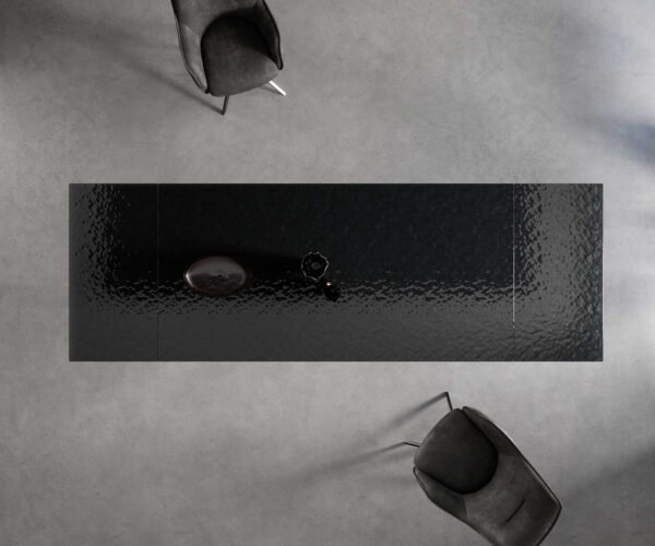 Jídelní stůl Edge reliefní sklo kouřově černé 3D design 200-300x100 V-noha plochý kov černý rozkládací - Image 8