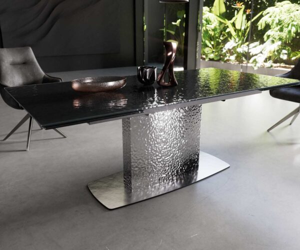 Jídelní stůl Edge reliefní sklo kouřově černé 3D design 200-300x100 vlna nerez rozkládací - Image 5