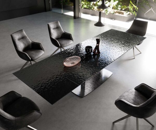 Jídelní stůl Edge reliefní sklo kouřově černé 3D design 200-300x100 vlna nerez rozkládací - Image 4