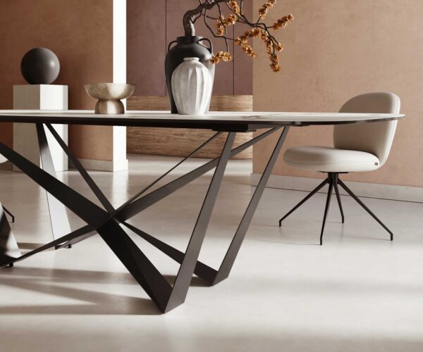 Jídelní stůl Edge lodní tvar keramika Calacatta Luxe bílá-zlatá-šedá 240x120 pavouk plochý kov černý - Image 6
