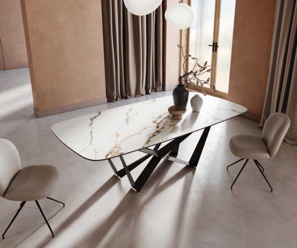 Jídelní stůl Edge lodní tvar keramika Calacatta Luxe bílá-zlatá-šedá 240x120 pavouk plochý kov černý - Image 5