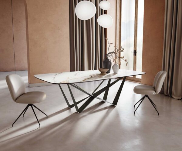 Jídelní stůl Edge lodní tvar keramika Calacatta Luxe bílá-zlatá-šedá 240x120 pavouk plochý kov černý - Image 2