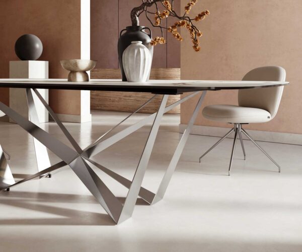 Jídelní stůl Edge lodě tvarovaný keramický Calacatta Luxe bílá-zlatá-šedá 240x120 pavouk plochý nerezová ocel - Image 6