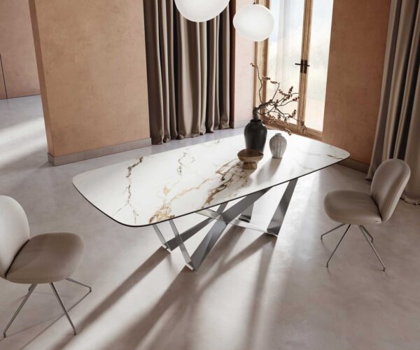 Jídelní stůl Edge lodě tvarovaný keramický Calacatta Luxe bílá-zlatá-šedá 240x120 pavouk plochý nerezová ocel - Image 5