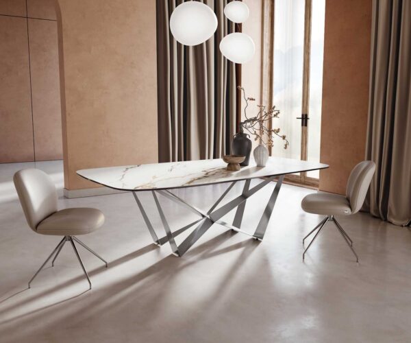 Jídelní stůl Edge lodě tvarovaný keramický Calacatta Luxe bílá-zlatá-šedá 240x120 pavouk plochý nerezová ocel - Image 2