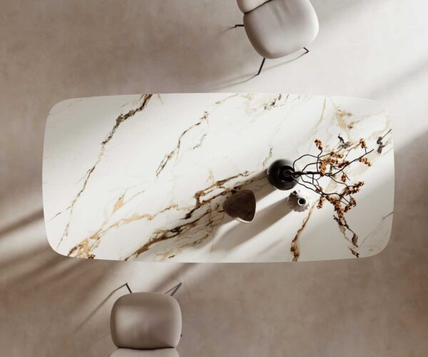 Jídelní stůl Edge lodní tvar keramika Calacatta Luxe bílá-zlatá-šedá 240x120 křížová podnož kov černý - Image 7