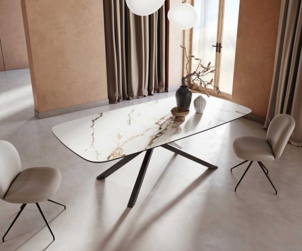 Jídelní stůl Edge lodní tvar keramika Calacatta Luxe bílá-zlatá-šedá 240x120 křížová podnož kov černý - Image 5