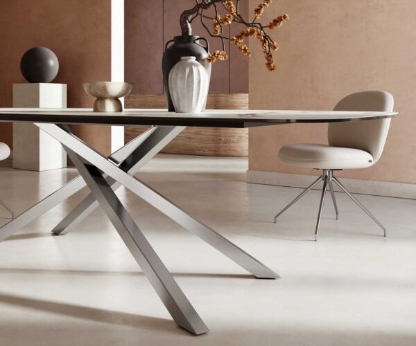 Jídelní stůl Edge lodě tvarovaný keramický Calacatta Luxe bílá-zlatá-šedá 240x120 křížová podnož obdélník nerezová ocel - Image 6