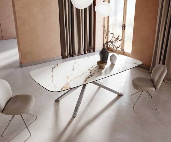 Jídelní stůl Edge lodě tvarovaný keramický Calacatta Luxe bílá-zlatá-šedá 240x120 křížová podnož obdélník nerezová ocel - Image 5