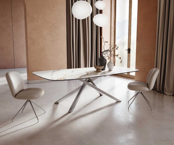 Jídelní stůl Edge lodě tvarovaný keramický Calacatta Luxe bílá-zlatá-šedá 240x120 křížová podnož obdélník nerezová ocel - Image 2