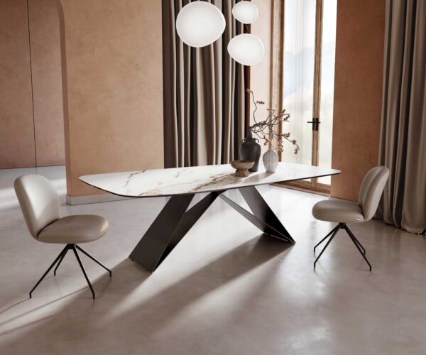 Jídelní stůl Edge lodní tvar keramika Calacatta Luxe bílá-zlatá-šedá 240x120 V-základna plochý kov černý - Image 2