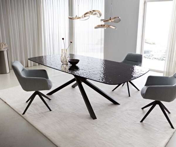 Jídelní stůl Edge lodě tvarované reliéfní sklo kouřově černé 3D design 240x120 křížová podnož obdélníkový kov černý - Image 2