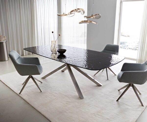 Jídelní stůl Edge lodě tvarované reliéfní sklo kouřově černé 3D design 240x120 křížová podnož obdélníkový nerezová ocel - Image 2
