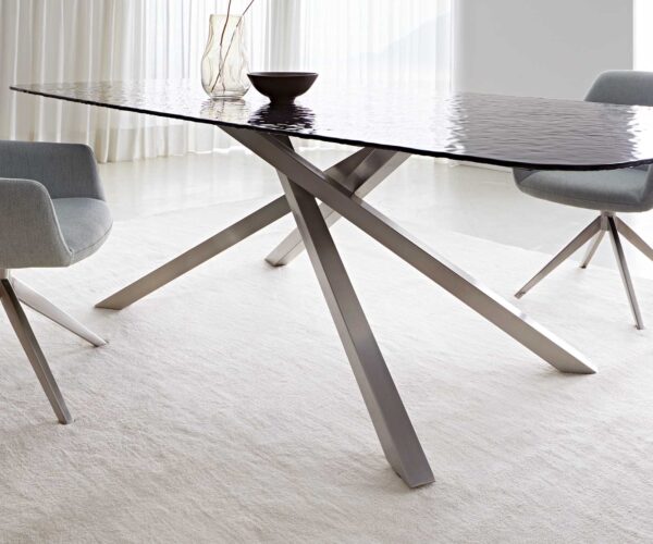 Jídelní stůl Edge lodě tvarované reliéfní sklo kouřově černé 3D design 240x120 křížová podnož obdélníkový nerezová ocel - Image 7