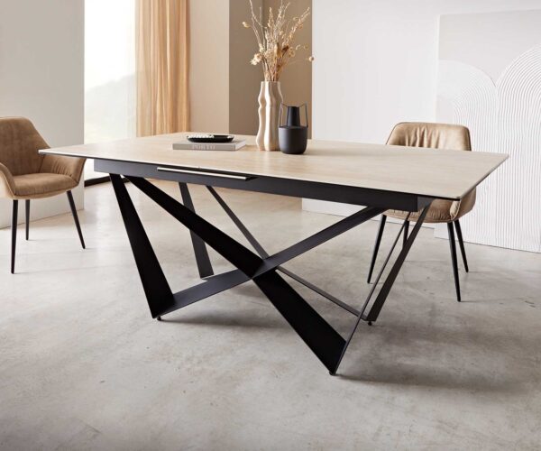 Jídelní stůl Edge keramický, travertinová barva, 180-220x100 cm, černá kovová noha ve tvaru pavouka, rozkládací - Image 6