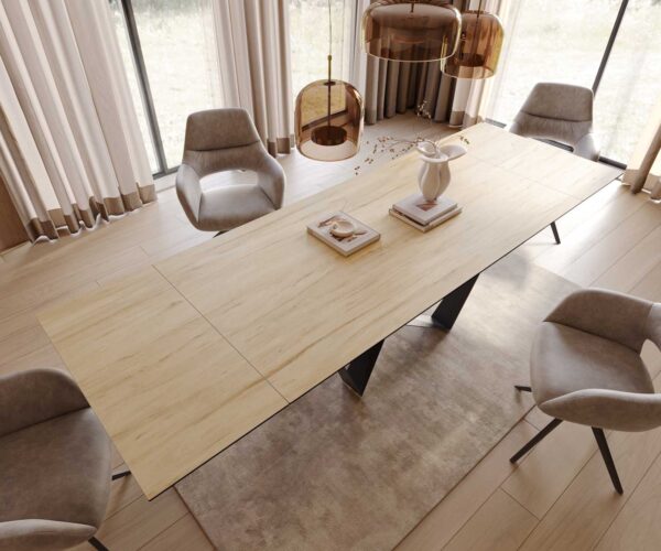 Jídelní stůl Edge keramický Laminam® Sabbia dubová barva 200-300x100 cm, spider, ploché černé kovové, rozkládací - Image 6