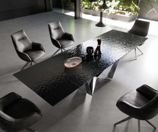 Jídelní stůl Edge reliefní sklo kouřově černé 3D design 200-300x100 pavouk plochý nerez rozkládací - Image 4