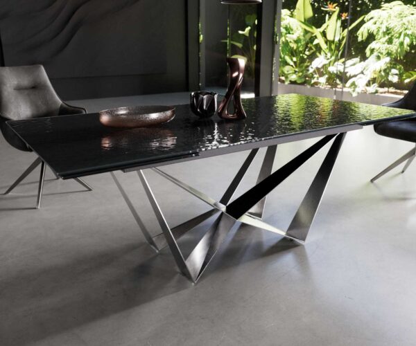 Jídelní stůl Edge reliefní sklo kouřově černé 3D design 200-300x100 pavouk plochý nerez rozkládací - Image 5