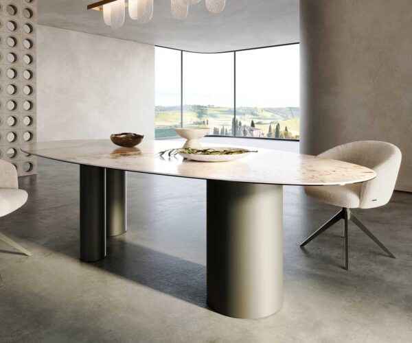 Jídelní stůl Edge oválný keramický Minas Melange bílá-béžová 280x130 trojmetálový efektový povrch titanový - Image 6
