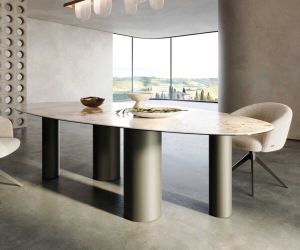 Jídelní stůl Edge oválný keramický Minas Melange bílá-béžová 280x130 pilíř kovový efekt-úprava titan - Image 6