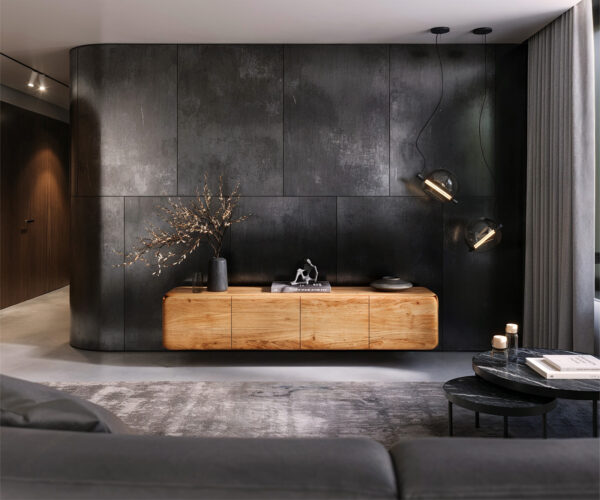 TV stolek Shavani 200 cm přírodní akácie, 4 dveře, vznášející se design - Image 2
