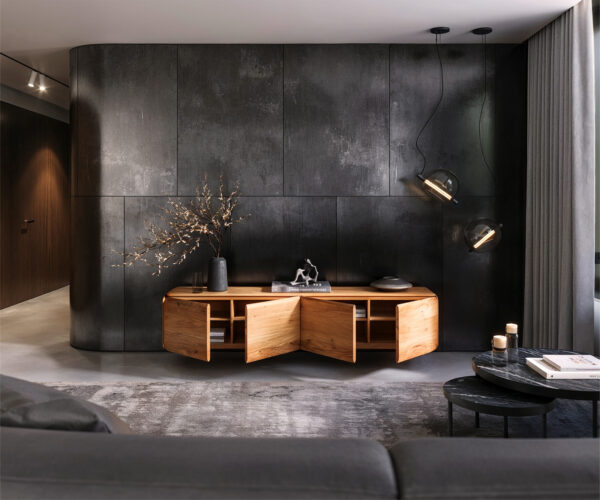 TV stolek Shavani 200 cm přírodní akácie, 4 dveře, vznášející se design - Image 5