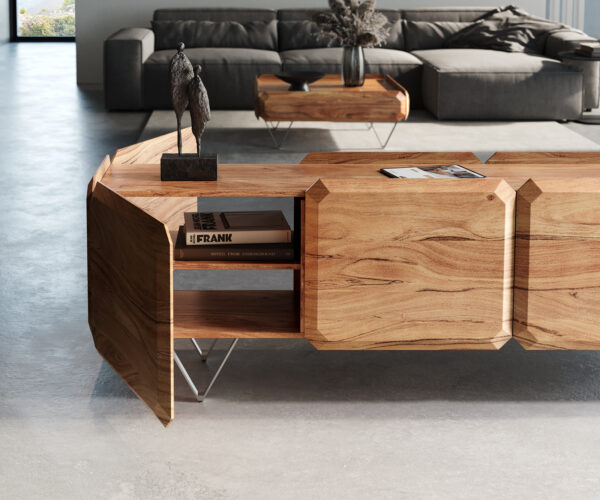 TV stolek Kiano 220 cm přírodní akácie 4 dveře V-nohy nerezová ocel - Image 6