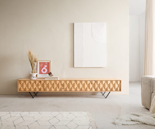 TV stolek Fevo 220 cm přírodní dub 4 dveře nohy ve tvaru V kov černý - Image 2