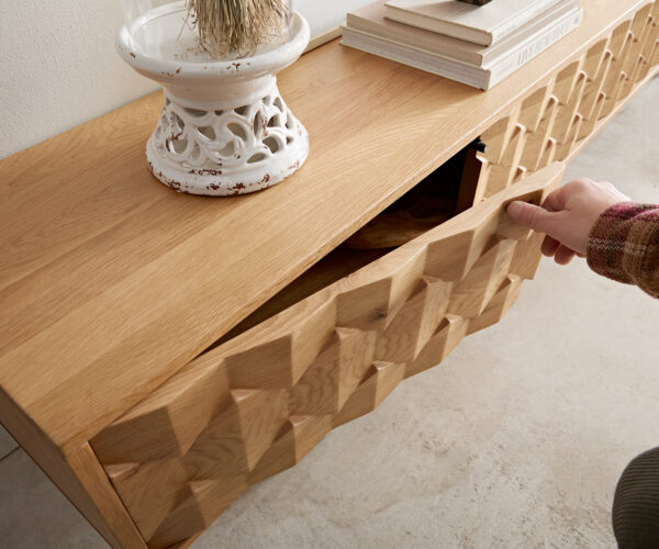 TV stolek Fevo 220 cm přírodní dub 4 dveře nohy ve tvaru V kov černý - Image 4
