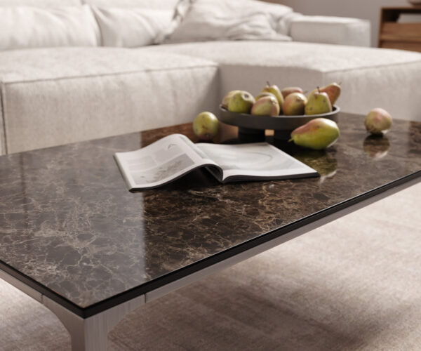 Konferenční stolek Levente 110x60 cm keramika Laminam Emperador Extra Lucidato, tmavě hnědý rám, nerezová ocel stříbrná - Image 5