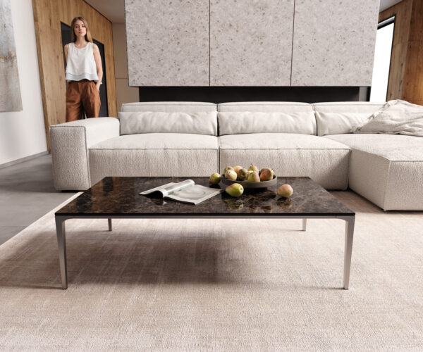 Konferenční stolek Levente 110x60 cm keramika Laminam Emperador Extra Lucidato, tmavě hnědý rám, nerezová ocel stříbrná - Image 2