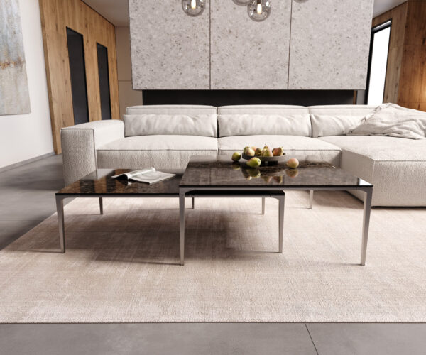 Konferenční stolek Levente 110x60 cm keramika Laminam Emperador Extra Lucidato, tmavě hnědý rám, nerezová ocel stříbrná - Image 6