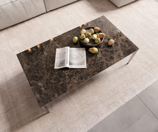 Konferenční stolek Levente 110x60 cm keramika Laminam Emperador Extra Lucidato, tmavě hnědý rám, nerezová ocel stříbrná - Image 4
