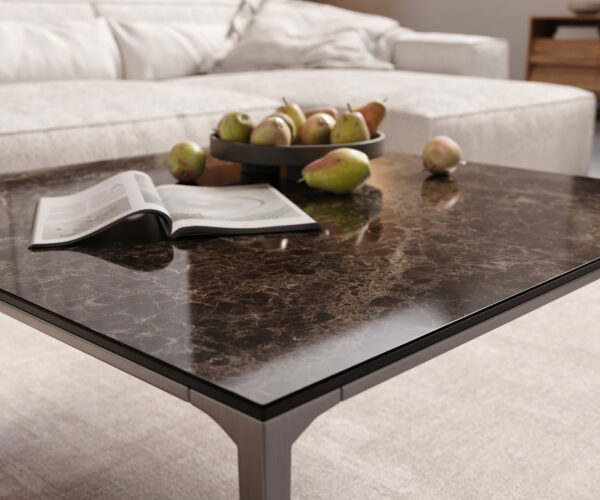 Konferenční stolek Levente 85x85 cm keramika Laminam Emperador Extra Lucidato, tmavě hnědý rám, nerezová ocel stříbrná - Image 5