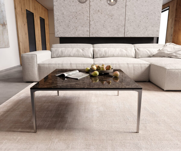 Konferenční stolek Levente 85x85 cm keramika Laminam Emperador Extra Lucidato, tmavě hnědý rám, nerezová ocel stříbrná - Image 2