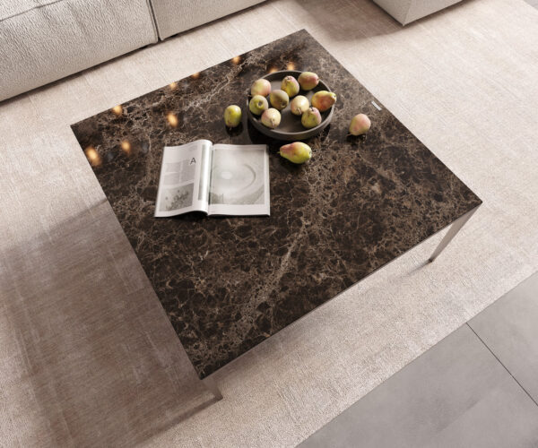 Konferenční stolek Levente 85x85 cm keramika Laminam Emperador Extra Lucidato, tmavě hnědý rám, nerezová ocel stříbrná - Image 4