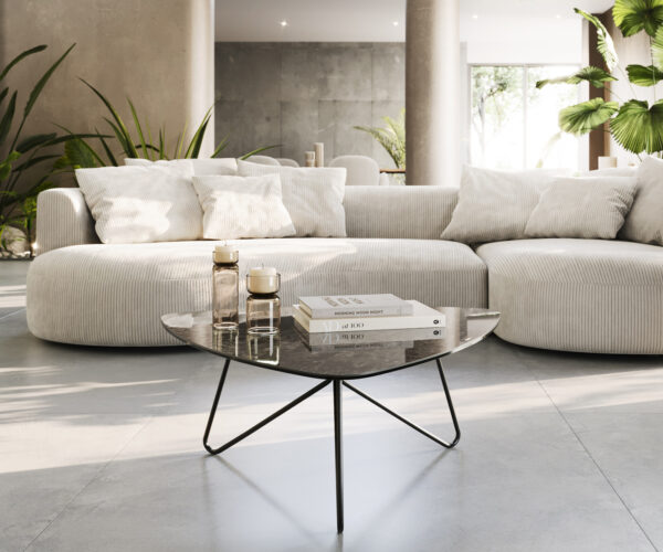 Konferenční stolek Ekrem 88x85 cm keramika Laminam® Emperador Extra Lucidato tmavě hnědá, kovová podnož černá ve tvaru sponky - Image 2