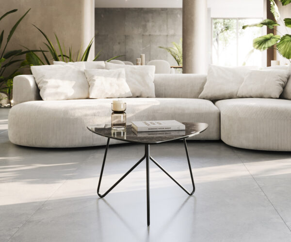 Konferenční stolek Ekrem 65x65 cm keramika Laminam® Emperador Extra Lucidato tmavě hnědá, kovová černá nožička ve tvaru sponky - Image 2
