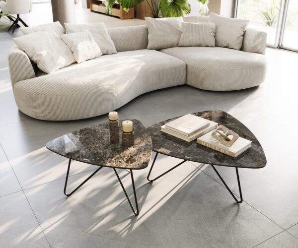 Konferenční stolek Ekrem 65x65 cm keramika Laminam® Emperador Extra Lucidato tmavě hnědá, kovová černá nožička ve tvaru sponky - Image 5