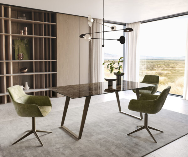 Jídelní stůl Edge 200x100 keramika Laminam Emperador Extra Lucidato tmavě hnědý kovový efekt s titanovým šikmým zakončením - Image 5