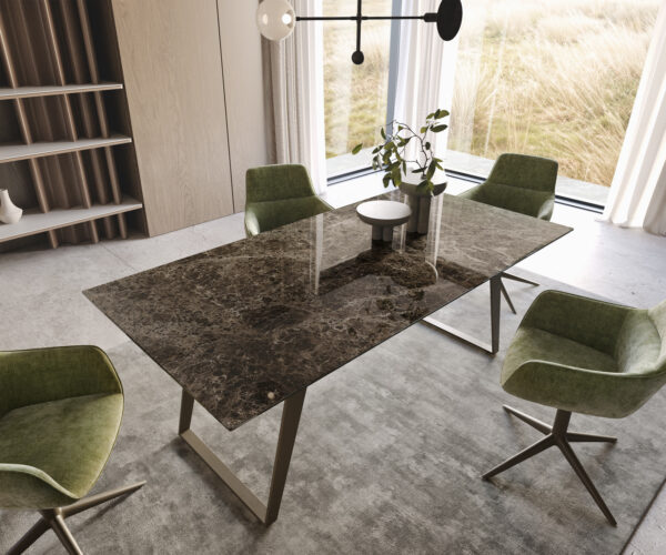 Jídelní stůl Edge 200x100 keramika Laminam Emperador Extra Lucidato tmavě hnědý kovový efekt s titanovým šikmým zakončením - Image 2