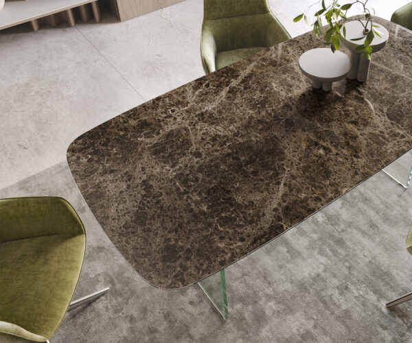Jídelní stůl Edge lodní tvar 200x100 keramika Laminam? Emperador Extra Lucidato tmavě hnědý skleněný rám - Image 4