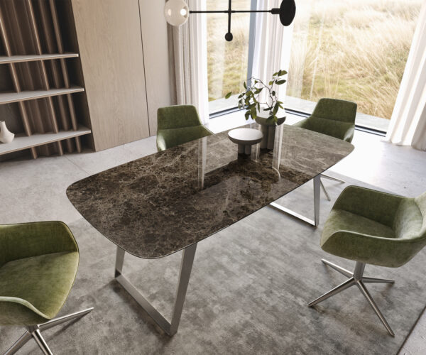 Jídelní stůl Edge lodní tvar 200x100 keramika Laminam Emperador Extra Lucidato tmavě hnědá nerezová ocel šikmá - Image 2