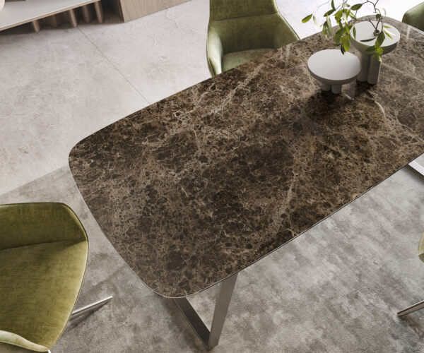 Jídelní stůl Edge lodní tvar 200x100 keramika Laminam Emperador Extra Lucidato tmavě hnědá nerezová ocel šikmá - Image 4