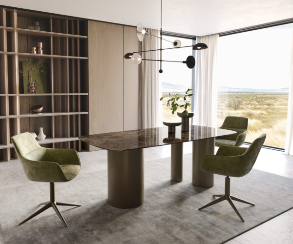 Jídelní stůl Edge lodě tvaru 200x100 keramický Laminam Emperador Extra Lucidato tmavě hnědý Troa s kovovým efektem titanový - Image 5