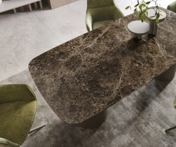 Jídelní stůl Edge lodě tvaru 200x100 keramický Laminam Emperador Extra Lucidato tmavě hnědý Troa s kovovým efektem titanový - Image 4