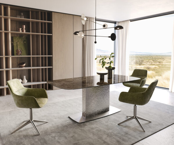 Jídelní stůl Edge lodě tvaru 200x100 keramický Laminam Emperador Extra Lucidato tmavě hnědý Wave nerezová ocel - Image 5