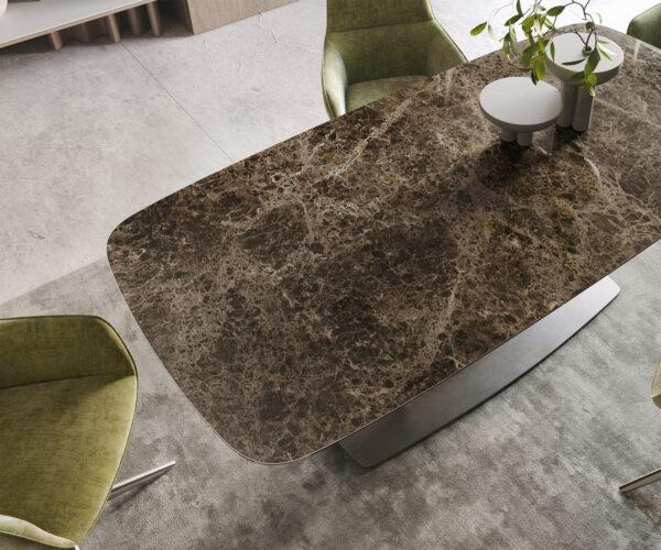 Jídelní stůl Edge lodě tvaru 200x100 keramický Laminam Emperador Extra Lucidato tmavě hnědý Wave nerezová ocel - Image 4