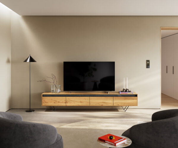 TV stolek Stonegrace 240 cm přírodní dub 4 dveře nohy ve tvaru V kov černý - Image 2